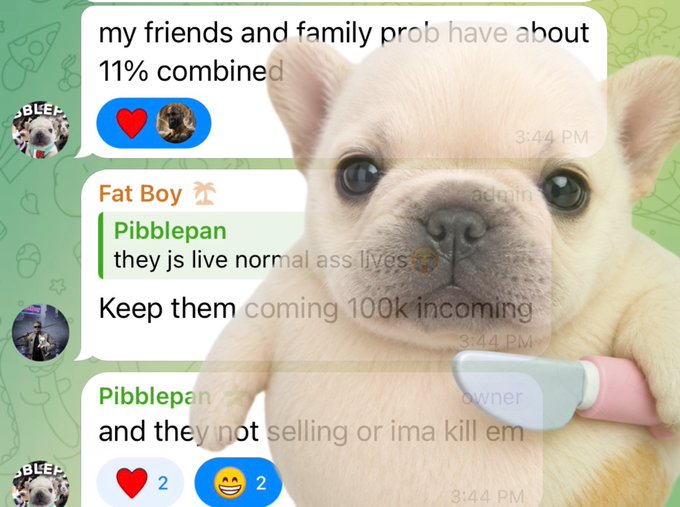 A chat screenshot featuring a small French bulldog puppy holding a baby bottle, with messages from users 'Pibblepan' and 'Fat Boy' discussing income.