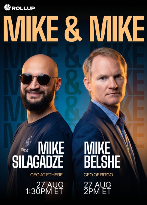 A promotional graphic for "Mike & Mike" featuring CEO of EtherFi Mike Silagadze and CEO of BitGo Mike Belshe, with Silagadze scheduled for 1:30 PM ET and Belshe for 2 PM ET on August 27, hosted by Rollup. The image aligns with the post highlighting Silagadze's interview, showcasing him on the left in sunglasses alongside his BitGo counterpart.