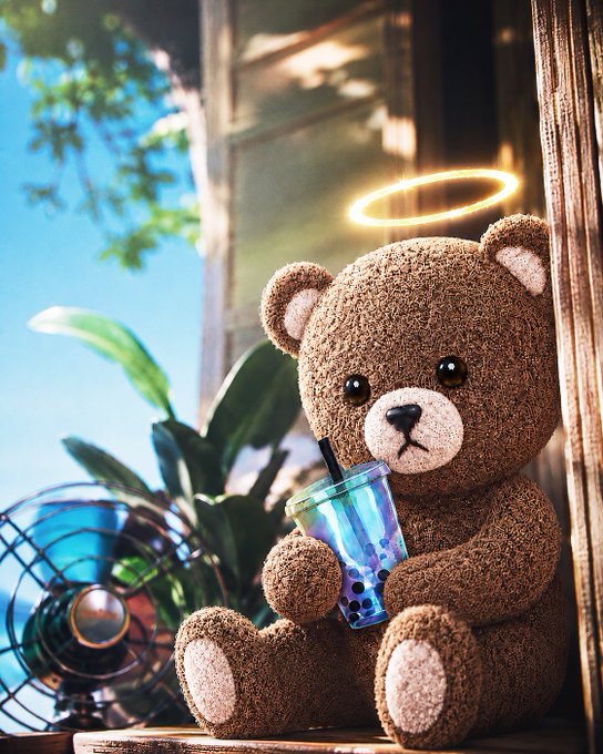 A digital illustration of a brown teddy bear with a glowing halo above its head, holding a cup of bubble tea and sipping it through a straw while sitting next to a vintage fan with plants in the background.