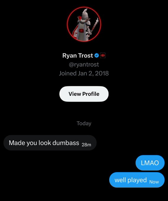 A Twitter DMs exchange shows Ryan Trost (@ryantrostrust) sending "Made you look dumbass" 28 minutes ago, with the user humorously responding "LMAO" and "well played."

The playful prank message perfectly matches the caption's expectation of "something important," as the mundane troll message subverts any anticipation of significant news.