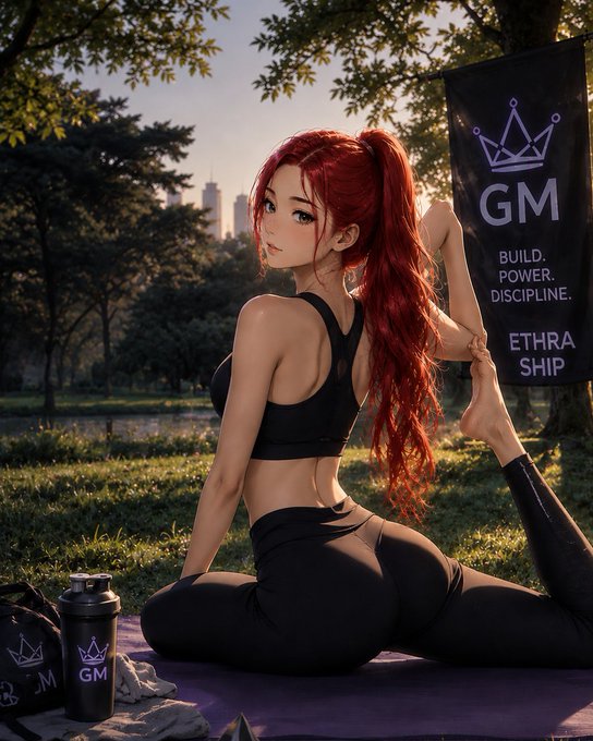 An anime-style illustration of a red-haired woman doing yoga outdoors, with a banner reading 'GM BUILD. POWER. DISCIPLINE. ETHRA SHIP' visible behind her.