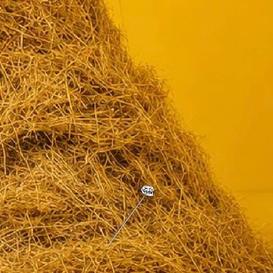 A tiny cartoon stick figure stands at the base of a massive pile of straw or hay against a yellow background.