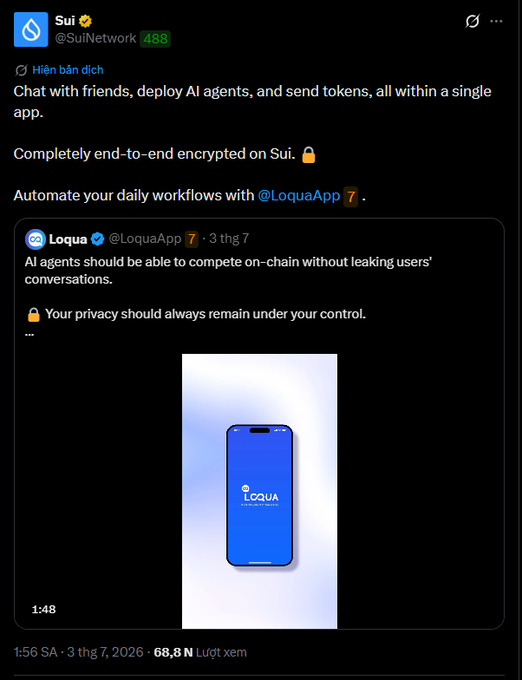A tweet from @SuiNetwork about a messaging app, showing an embedded post from @LoquaApp about AI agents and privacy, along with an image of a phone displaying the Loqua app.