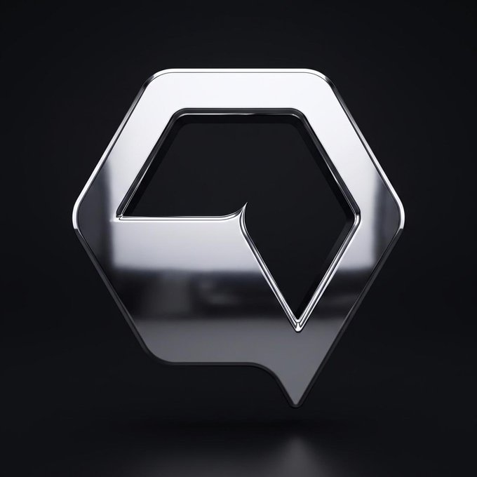 A 3D-rendered metallic hexagonal logo with a speech bubble cutout displayed against a dark background.