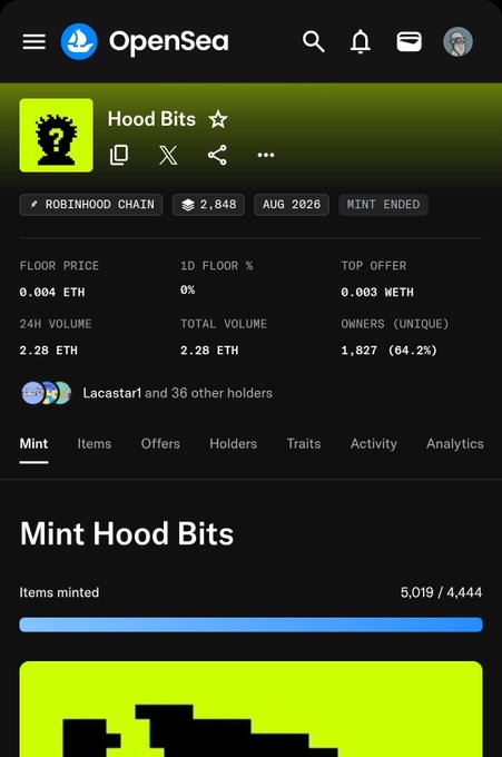 An OpenSea collection page for "Hood Bits" on the Robinhood Chain shows a MINT ENDED status with the counter reading "5,019 / 4,444" items minted—a discrepancy that highlights the user's confusion about how 5,000 NFTs were minted from a 4,444 supply.