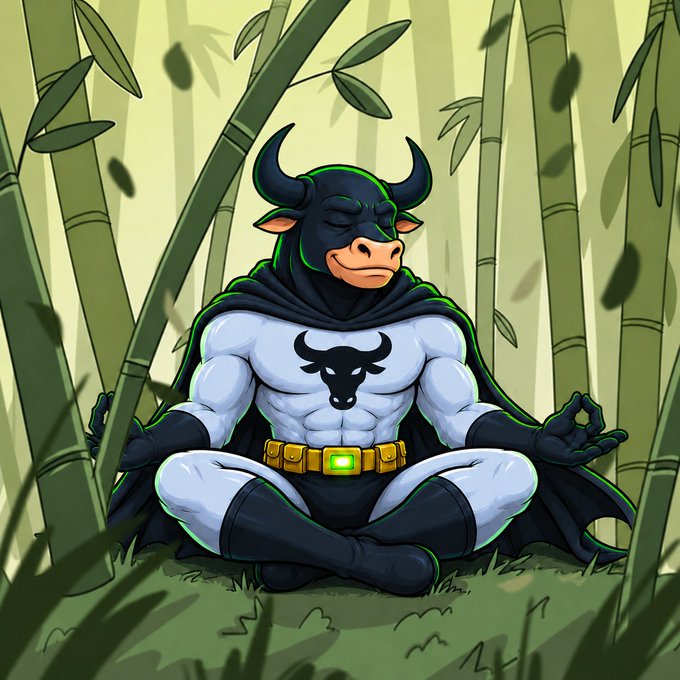 A muscular anthropomorphic bull character in a white and black superhero costume with a bull logo, meditating in a lotus pose within a bamboo forest.