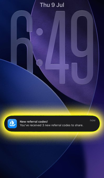 An iPhone lock screen dated Thursday, July 9, displaying the time 6:49 and a highlighted notification that reads 'New referral codes! You've received 3 new referral codes to share.'