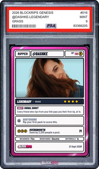 A PSA-graded MINT 9 custom Blockrips Genesis trading card (#016) featuring "@DASHKE" with a Grass-type Legendary designation, showcasing abilities like Signal Boost, Rootbound, and Overgrowth. The card, dated September 21, 2026, aligns with the user's excitement about securing their custom "grail" card after claiming Rip Points via blockrips.com.