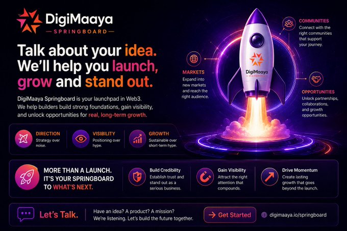 A promotional banner for DigiMaaya Springboard featuring a rocket launching, with text: 'Talk about your idea. We'll help you launch, grow and stand out.' It highlights Direction, Visibility, Growth, Markets, Communities, and Opportunities, with a 'Get Started' call to action at digimaaya.io/springboard.