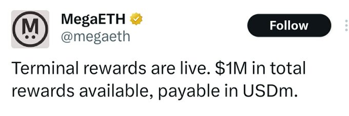 In this image, there's a post from a twitter user named @megaeth. The main text of the post is about terminal rewards, stating that $1M is available for terminal rewards if you're interested. They are also referring to a tweet they wrote earlier where they mentioned how Mega dropped in value at $1M. The image includes a photo and a caption related to this post, with a focus on the importance of understanding how the drop occurred and its relation to the terminal reward system.