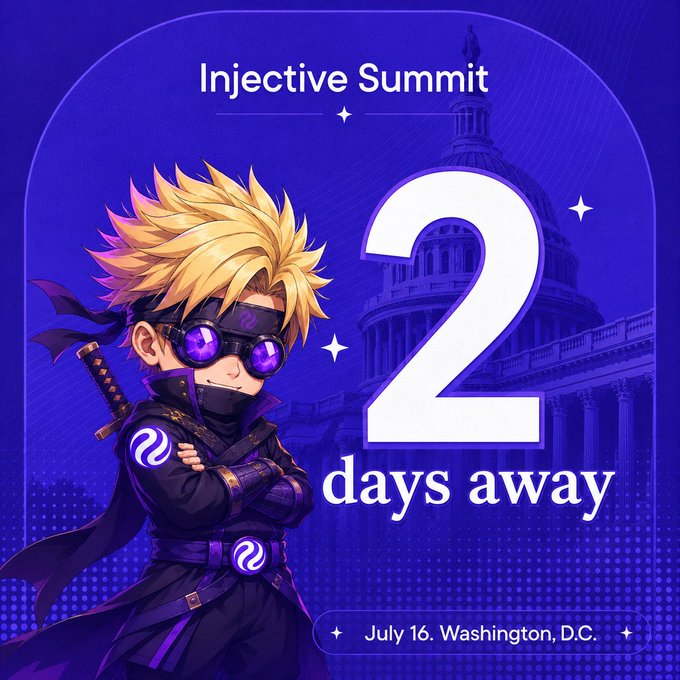 Promotional graphic for the "Injective Summit" featuring a blonde anime-style ninja character with purple goggles, indicating the event is "2 days away" on "July 16. Washington, D.C." with the U.S. Capitol building in the background.