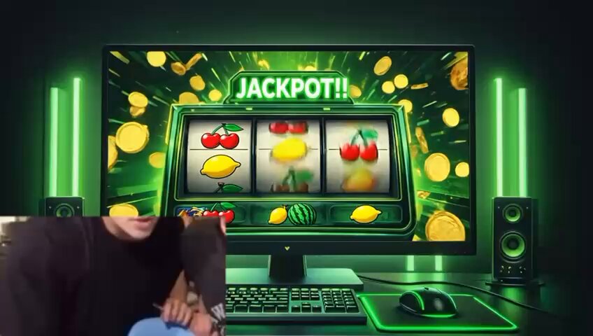 The image features a computer monitor with an advertisement for online slot machines. The background of the image shows a green neon sign that says "Jackpot!". There are also two people visible in the image - one person sitting at a desk, and another person standing behind them. The scene suggests that someone is playing these slot machines on their computer or gaming console.