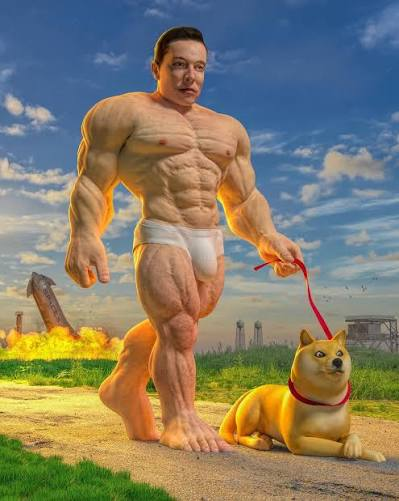 A meme image featuring Elon Musk's face on a muscular body walking a Shiba Inu dog (Doge) on a leash, set against a post-apocalyptic landscape with explosions.