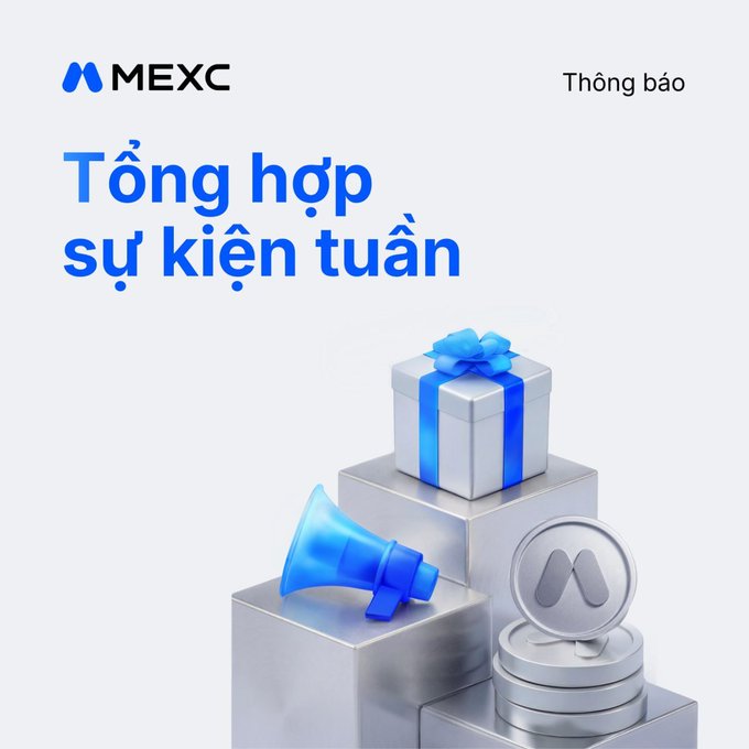 A promotional graphic for MEXC featuring the Vietnamese text 'Tổng hợp sự kiện tuần' (Weekly event summary) and 'Thông báo' (Notification), accompanied by 3D renderings of silver gift boxes, a blue ribbon, a blue megaphone, and MEXC coins.