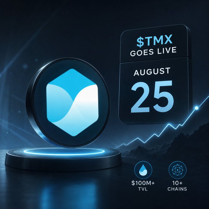 A promotional graphic with a glowing blue cube symbol announces "$TMX GOES LIVE AUGUST 25," featuring an upward trending line graph and stats including "$100M+ TVL" and "10+ CHAINS."