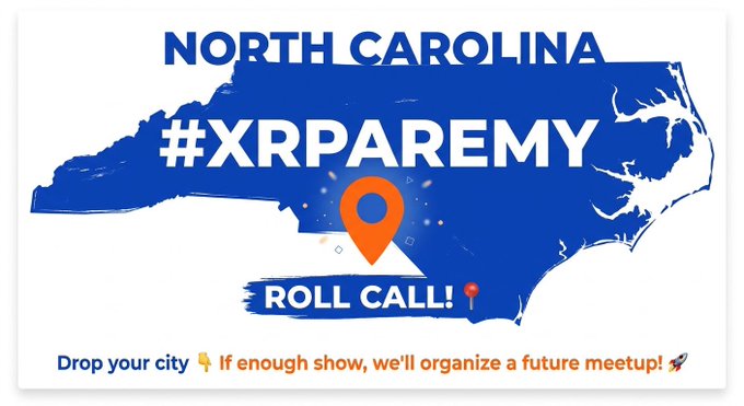 A graphic featuring a blue silhouette of North Carolina with the text "NORTH CAROLINA #XRPARMY ROLL CALL!" and a location pin marking the state, promoting a headcount for a potential XRP community meetup. The image aligns with the post's call for residents to drop their cities to gauge interest for a future in-person gathering.