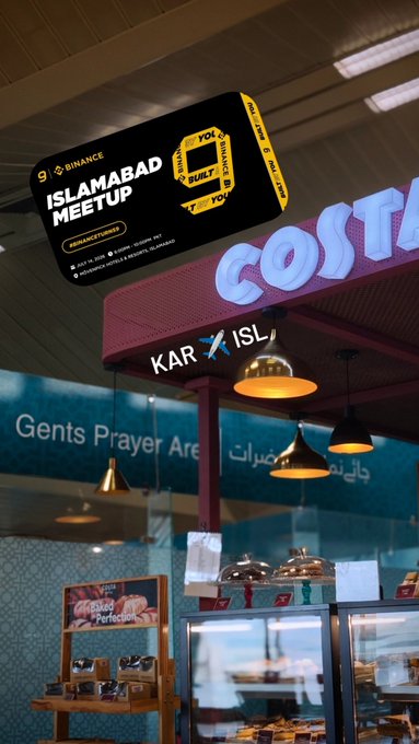 A promotional graphic for a Binance 'Islamabad Meetup' overlaid on a photo of a Costa Coffee shop with Arabic text and a 'Gents Prayer Area' sign visible inside.