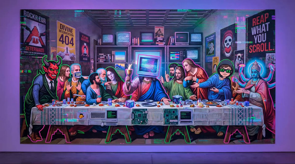 The image features a large painting of a group of people gathered around a dining table, with some of them holding up signs that say "Reap What You Scroll" and "Beeple Infinite Loop". The painting depicts a scene from the movie "@nodefnd", which is known for its unique art style. The artwork is displayed on a wall in a room, possibly at an event or exhibition related to the movie.