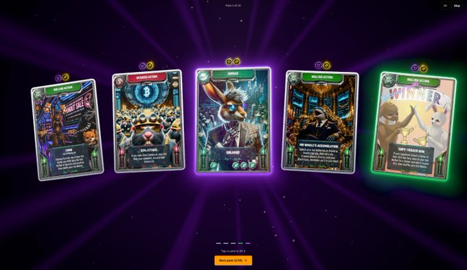A digital card game interface showing five glowing cards including 'ZOOMY SKEE', 'WEAKEST OFFERS', 'LIFTER', 'THE WORLD'S ACCELERATOR', and 'TRIP!-TOLED WIN'.