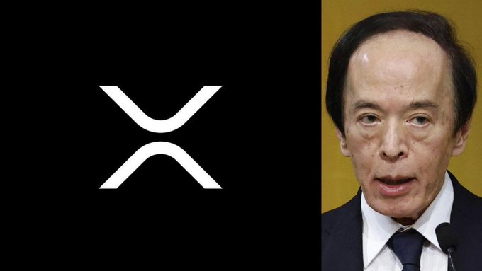 A split image showing the white XRP logo on a black background on the left and a photo of a man in a suit speaking at a podium on the right.