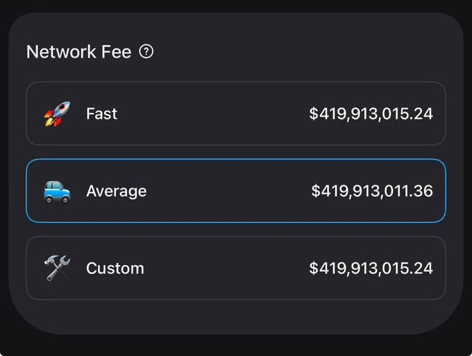 A cryptocurrency network fee screen displaying options for Fast ($419,913,015.24), Average ($419,913,011.36, highlighted), and Custom ($419,913,015.24) transaction speeds.