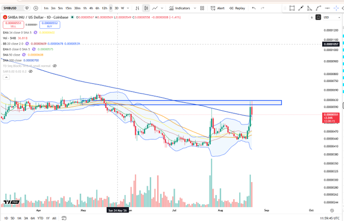 A daily candlestick chart of $SHIB/USD on Coinbase shows a recent sharp price spike to approximately $0.00000519, forming what appears to be a tweezer top pattern as the asset reaches a key resistance zone highlighted by a descending trendline and horizontal price band near $0.00000650.