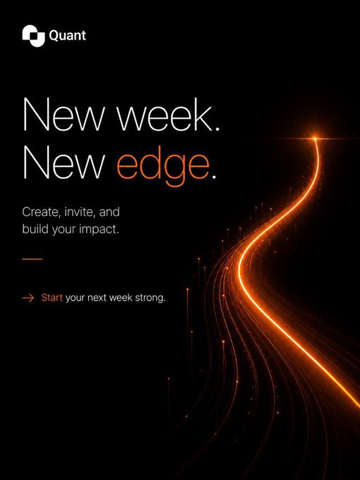 The image features a poster with an orange line that appears to be curving upwards, creating a sense of movement or progress. The text on the poster reads "New week. New edge." and "Start your next week strong". This suggests that there is a new week beginning, possibly related to a new project or initiative in the world of AI and cryptocurrency trading. The poster also mentions an " Ambassador Reward Pool" where creators can earn rewards for their efforts in helping others understand Quant AI's work.
