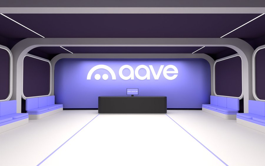 A futuristic purple and white virtual room with the "aave" cryptocurrency logo displayed prominently on the back wall above a counter.