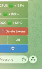 A mobile interface displaying token holdings with positive percentage changes (CFUN +131%, C +168%, DOG +121%) and a red 'Delete tokens' option.