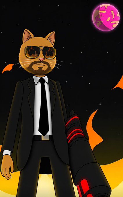 A cartoon orange cat wearing sunglasses and a black business suit holds a red and black futuristic weapon, with a pink donut-like planet visible in the starry background.