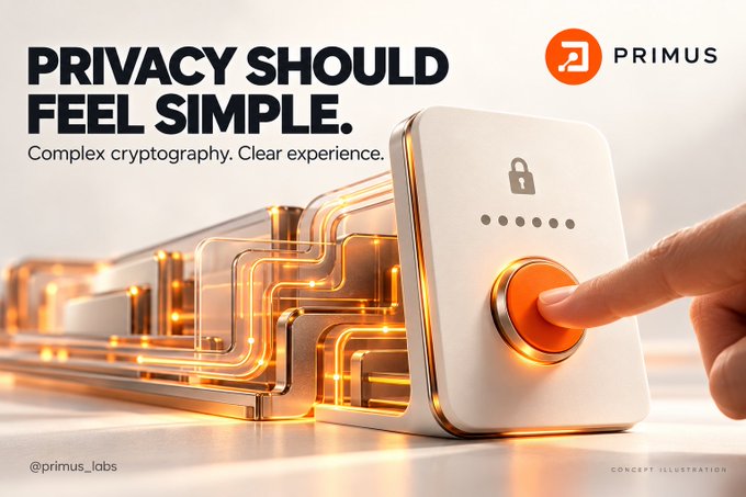 An advertisement for PRIMUS featuring the tagline 'PRIVACY SHOULD FEEL SIMPLE. Complex cryptography. Clear experience.' shows a finger pressing an orange button on a white device.