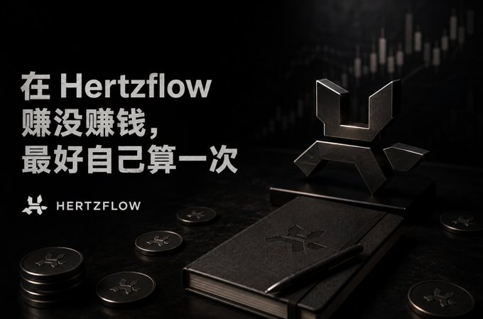 A promotional banner for HERTZFLOW in Chinese, reading '在 Hertzflow 赚没赚钱, 最好自己算一次' (Whether you've made money in Hertzflow, best to calculate it yourself), featuring a metallic logo, notebook, pen, and coins on a dark background with chart elements.