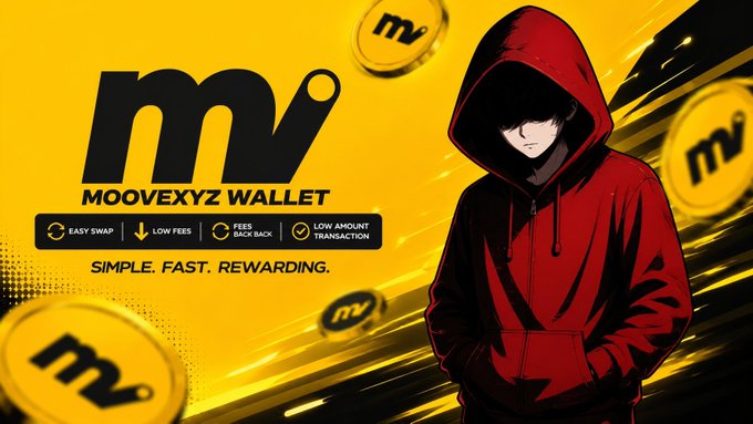 An anime-style figure in a red hoodie stands next to the 'MOOVEXYZ WALLET' logo with features listed: 'EASY SWAP', 'LOW FEES', 'FEES BACK BACK', and 'LOW AMOUNT TRANSACTION', along with the tagline 'SIMPLE. FAST. REWARDING.'