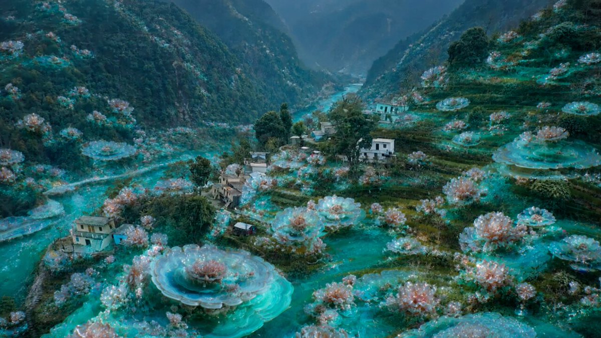 The image shows a beautiful view of a valley with houses, trees, and waterfalls. The scene appears to be taken from an aerial perspective, providing a unique perspective on the landscape below. The colors used are predominantly blue and green, creating a serene and tranquil atmosphere. The text "GM ระมายเปลงสมีกริม" is present in the image, which could be a reference to the artist or the post's creator.