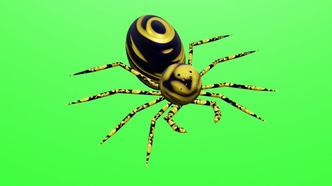 A 3D rendered yellow and black striped spider with a smiling face on a green background.