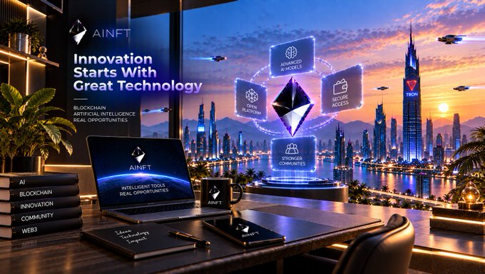 A promotional graphic for AINFT displaying 'Innovation Starts With Great Technology' alongside mentions of blockchain, artificial intelligence, and real opportunities, set in a futuristic cityscape with a laptop and mug on a desk.