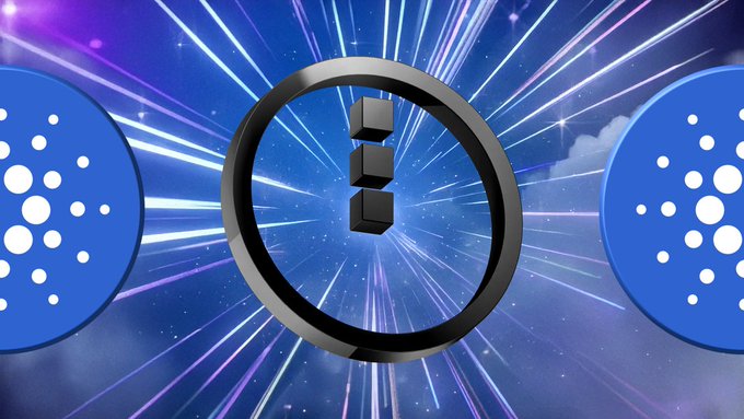 A graphic featuring a black ring with three black cubes in the center, flanked by two blue Cardano (ADA) cryptocurrency logos against a blue and purple starburst background.