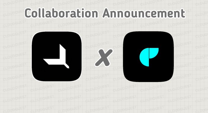 The image displays a "Collaboration Announcement" graphic featuring the black Robinhood app icon next to a teal "P" logo on a grid background, representing a partnership between Cloud Quest and the platform to mint 3,333 supply NFTs for CQ pass holders.