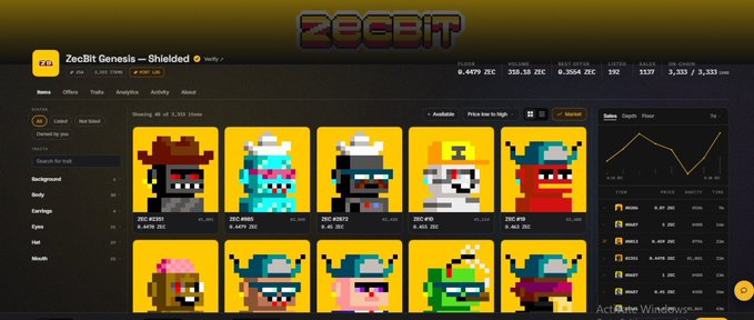 A screenshot of a cryptocurrency/NFT website called 'ZecBit' displaying a marketplace of pixel-art character NFTs under the 'ZecBit Genesis - Shielded' collection.