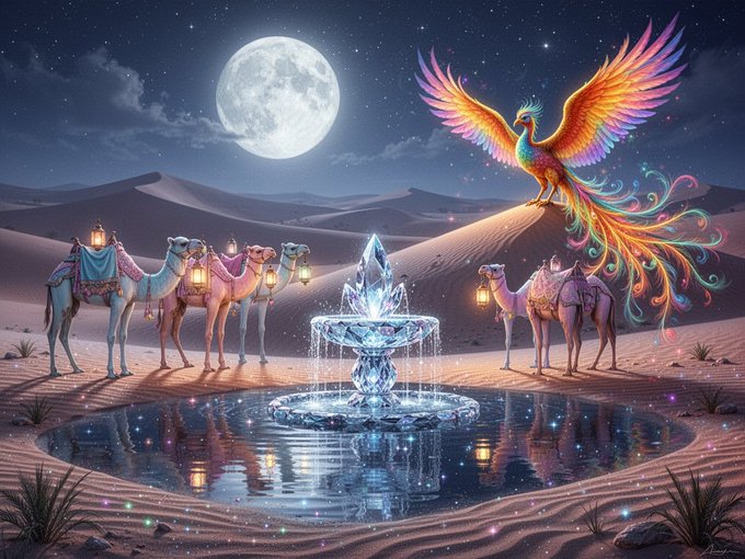 The image features a desert scene with a fountain, where a group of camels are gathered around it. A large bird, possibly a phoenix or an eagle, is perched atop the fountain, adding a sense of majesty to the scene. The background includes a full moon and stars, creating a captivating night sky atmosphere. The image also contains text that reads "JUNE AIART #AIart #JuneAI #AIartwork #AI #Privacy #Web3 #AskJuneAI #juneaiart #Innovation #FutureTech @askjuneai".
