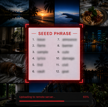 The image shows a malicious app interface featuring a "SEED PHRASE" input form with 12 numbered boxes, overlaid on a collage of scenic photos, while a progress bar at the bottom reads "Uploading to remote server... 63%" — illustrating how the FomoPeek app covertly transmits stolen cryptocurrency wallet recovery phrases to attackers after exploiting iOS vulnerabilities.