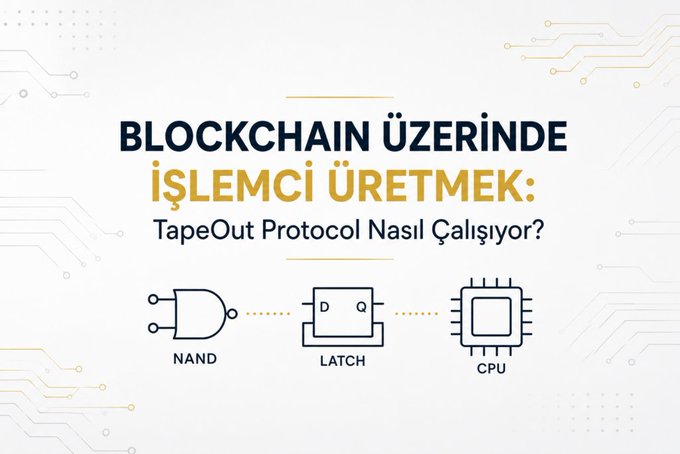 A Turkish-language graphic titled "BLOCKCHAIN ÜZERİNDE İŞLEMCİ ÜRETMEK: TapeOut Protocol Nasıl Çalışıyor?" (Manufacturing a Processor on Blockchain: How Does TapeOut Protocol Work?), featuring icons of a NAND gate, a D-latch, and a CPU connected in sequence to illustrate the chip-building process, visually introducing the concepts discussed in the accompanying post about the TapeOut protocol.