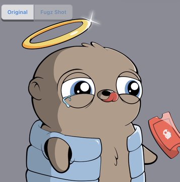 A cartoon bear character with a halo, wings, and a tear in its eye, holding a ketchup bottle, labeled 'Original' and 'Fugg Shot'.
