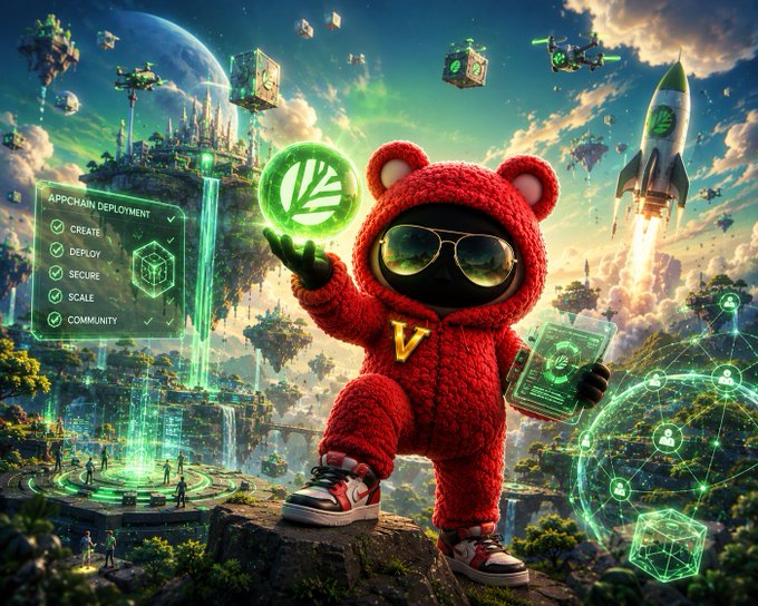 A red bear mascot wearing sunglasses and sneakers stands triumphantly holding a glowing green Canopy logo, with a futuristic "Appchain Deployment" interface displaying options to Create, Deploy, Secure, Scale, and Community, while a rocket ship launches into a sky filled with floating cubes and a vibrant green fantasy landscape—visually reinforcing Canopy's builder-first, streamlined approach to launching appchains without overwhelming complexity.