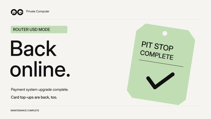 The image is a status update graphic from 0G Private Computer showing a green tag that reads "PIT STOP COMPLETE" with a checkmark, alongside the headline "Back online." It confirms that the "Router USD Mode" payment system upgrade is complete, with the accompanying message noting that card top-ups have resumed as well.
