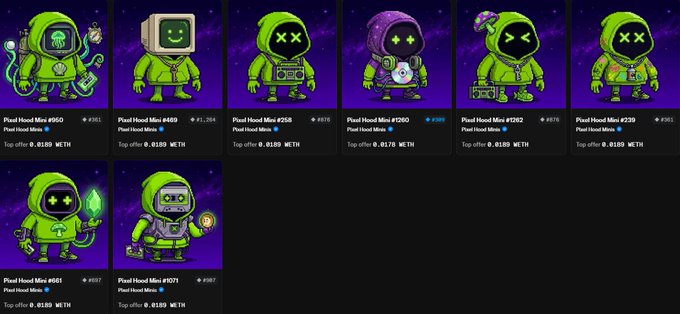 A grid of eight pixelated 'Pixel Hood Mics' NFTs featuring various green-hooded characters on a purple background, each with a price in ETH.