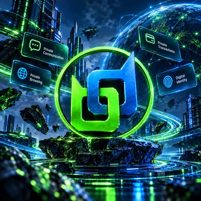 A futuristic digital graphic featuring a glowing green and blue logo at the center, surrounded by icons labeled 'Private Communication,' 'Private Browsing,' 'Private Transactions,' and 'Digital Identity.'