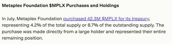 The image shows a text announcement titled "Metaplex Foundation $MPLX Purchases and Holdings" stating that in July, Metaplex Foundation purchased 42.3M $MPLX for its treasury, representing 4.2% of total supply or 8.7% of outstanding supply, directly from a large holder. This aligns with the post's claim of buying 9% of outstanding supply and references the second largest $MPLX OTC deal ever, highlighting the Foundation's significant treasury acquisition.