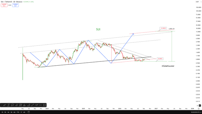 A 3-day SUI/TetherUS chart from Binance showing SUI trading at $1.0294, featuring a falling wedge pattern (outlined in blue) with a black trendline resistance near $1.4451 and a projected upside target of 13.9095, supporting the post's bullish breakout thesis toward $13.