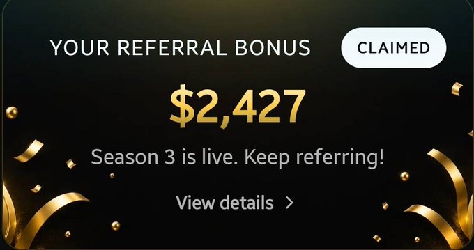 A dark promotional banner displays "YOUR REFERRAL BONUS" with a "CLAIMED" badge and the amount "$2,427" in large gold text, accompanied by "Season 3 is live. Keep referring!" and a "View details" link. The image relates to the post by showing the dollar value of a referral bonus reward that an ambassador received, which the post notes converts to about 380,000 yen.